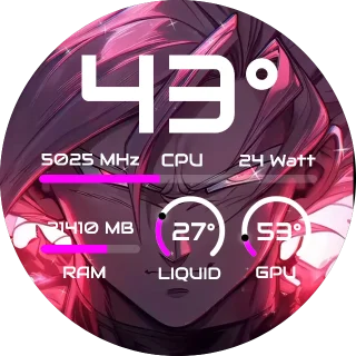Goku Black NZXT Kraken LCD screen with pink Goku Black artwork, a giant CPU temperature and RAM and power bars