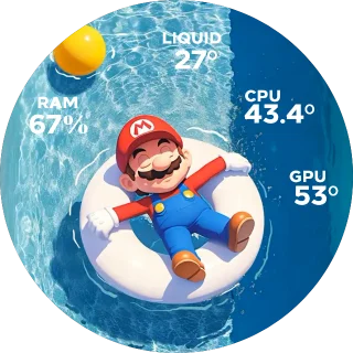 Super Mario NZXT Kraken LCD GIF screen showing Mario on a white floatie in blue water with CPU, GPU, RAM, and liquid temperature data